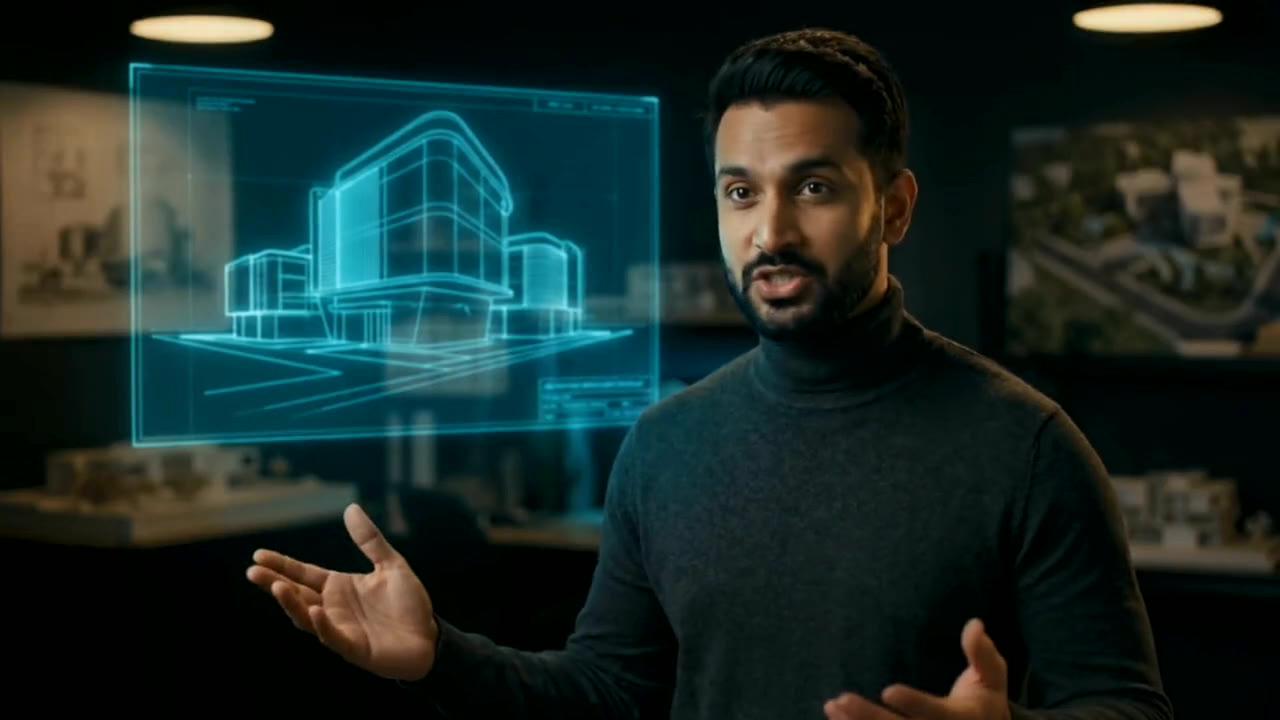 The lesson remastered: a sharp 16:9 frame of the presenter beside a bright, readable building hologram.